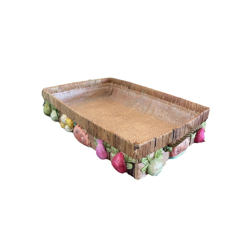 Vintage Rattan Straw Serving Basket Casserole Carrier Raffia Fruit Design